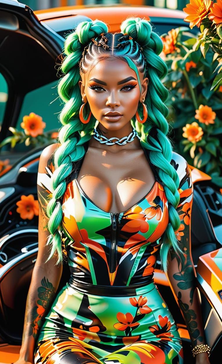 Voluptuous Model in Supercar at Sunset, Graffiti Art