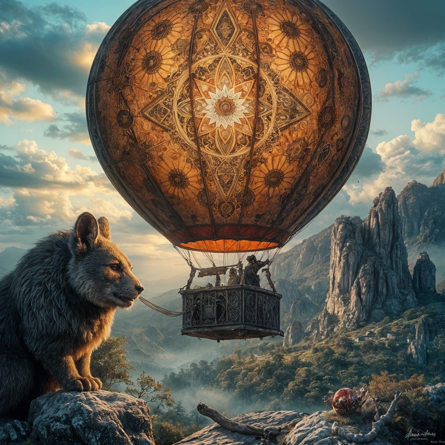 Woodland Creature Hot Air Balloon in Detailed Mixed Media