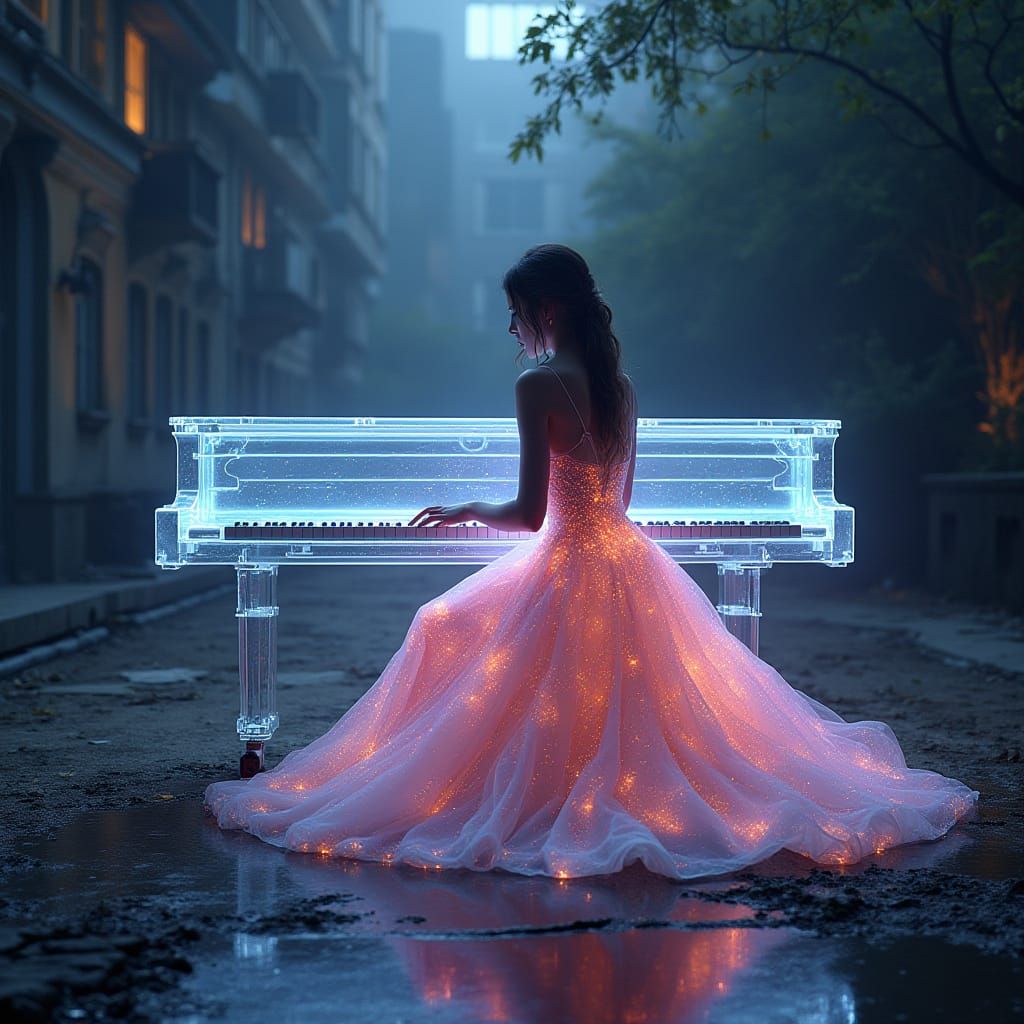 Cyber-Fantasy Dancer in Ruined Plaza with Neon Piano