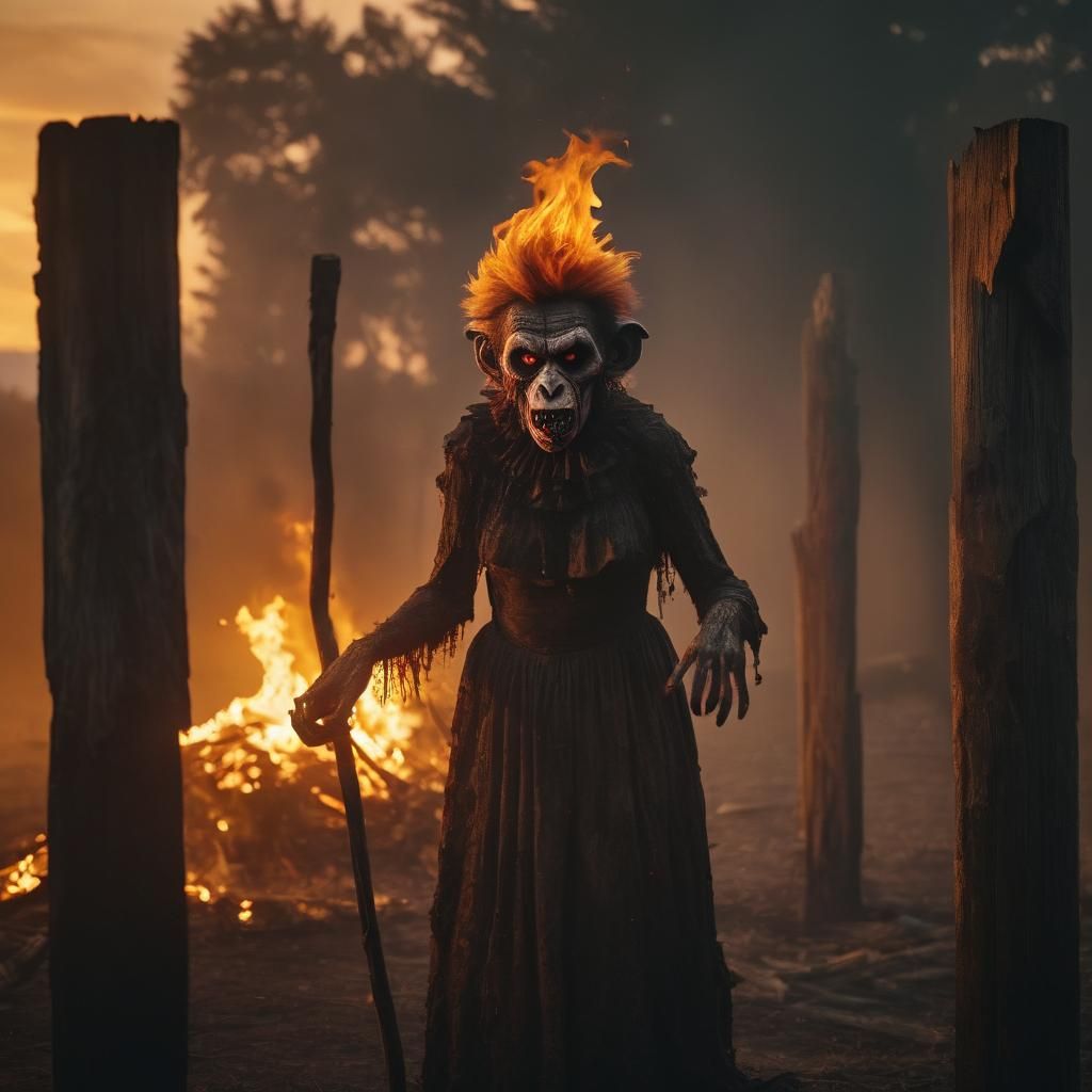 Burning Zombie Monkey Witch in Cinematic Style