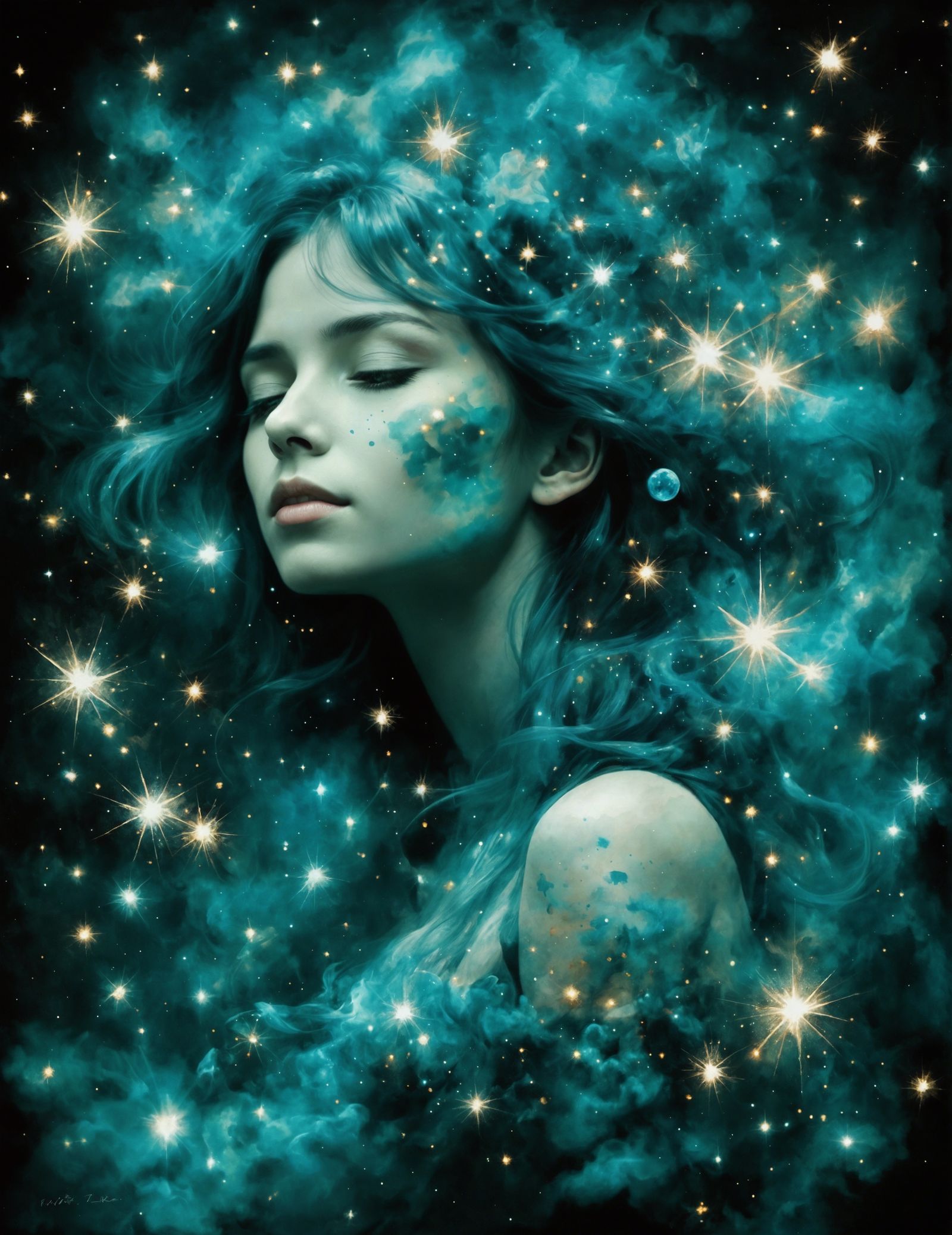 Cosmic Portrait with Stars and Stained Glass