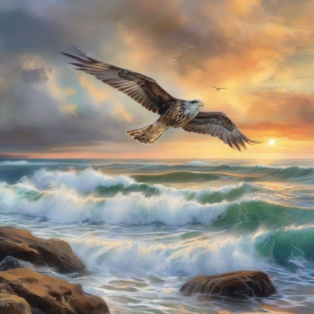 Majestic Bird Soaring Above Ocean Sunset as Watercolor