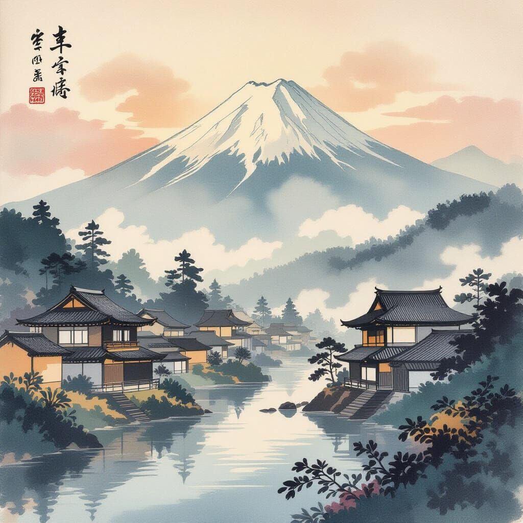 Ukiyo-e Village Landscape with Misty Mountain