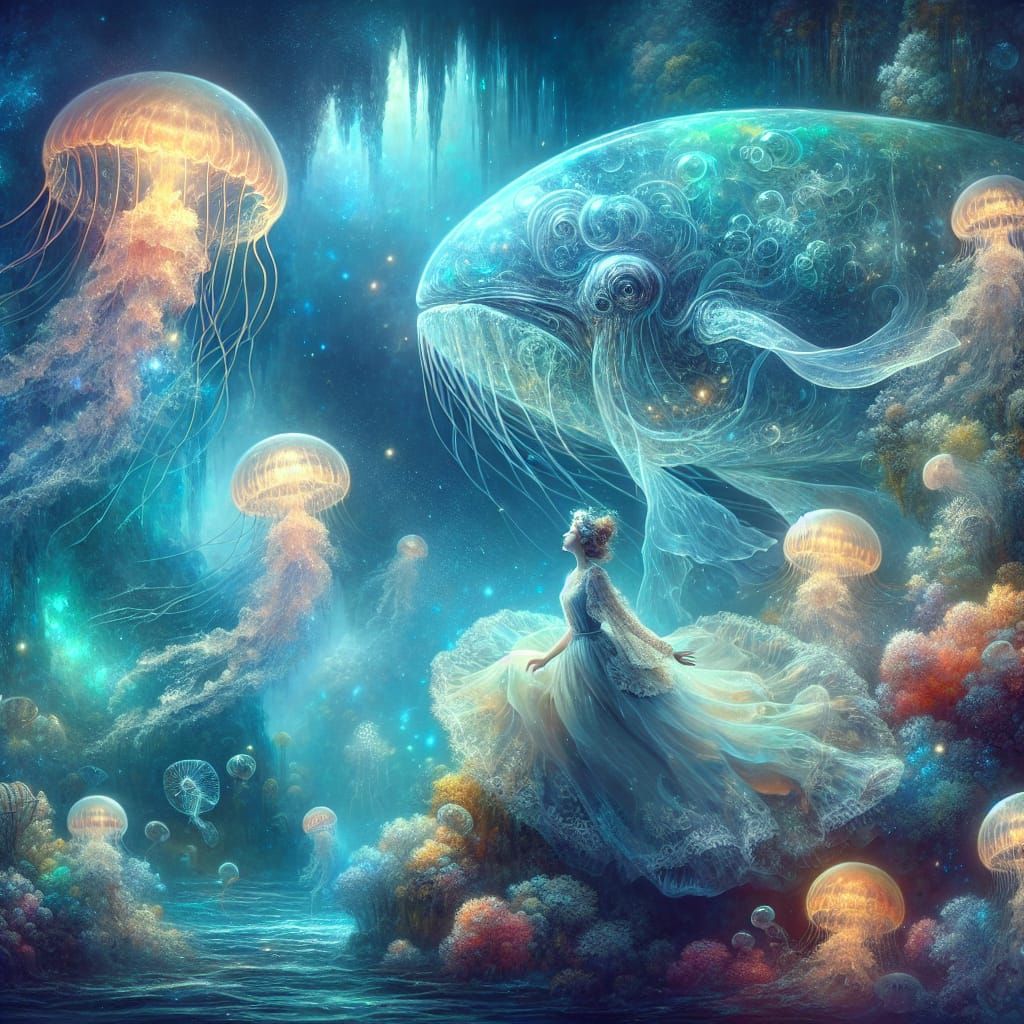 Underwater view of a woman with a  fantastical glowing transparent glass whale swimming on giant flowing dress. Surround...