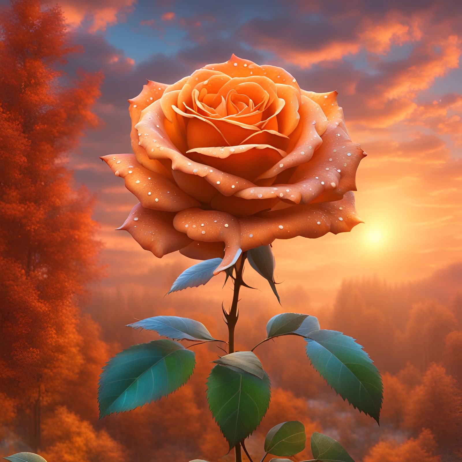Glittering Orange Rose in Autumn Sky: 3D Render