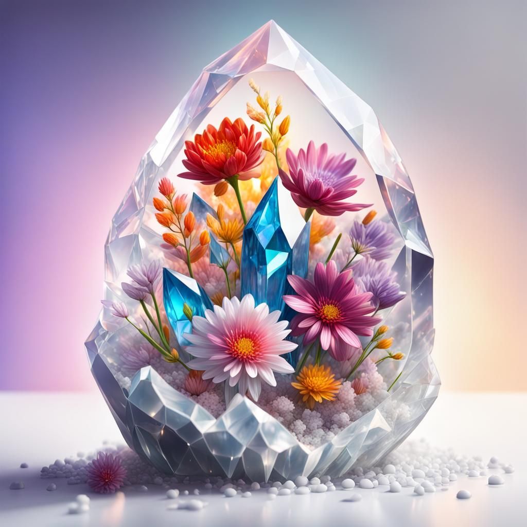 Crystal Stone with Flowers: Hyperrealistic Splash Art