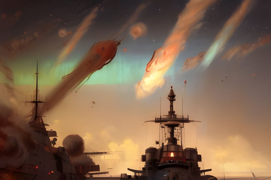 WWI Battleship Soaring Over Mars in Oil Painting