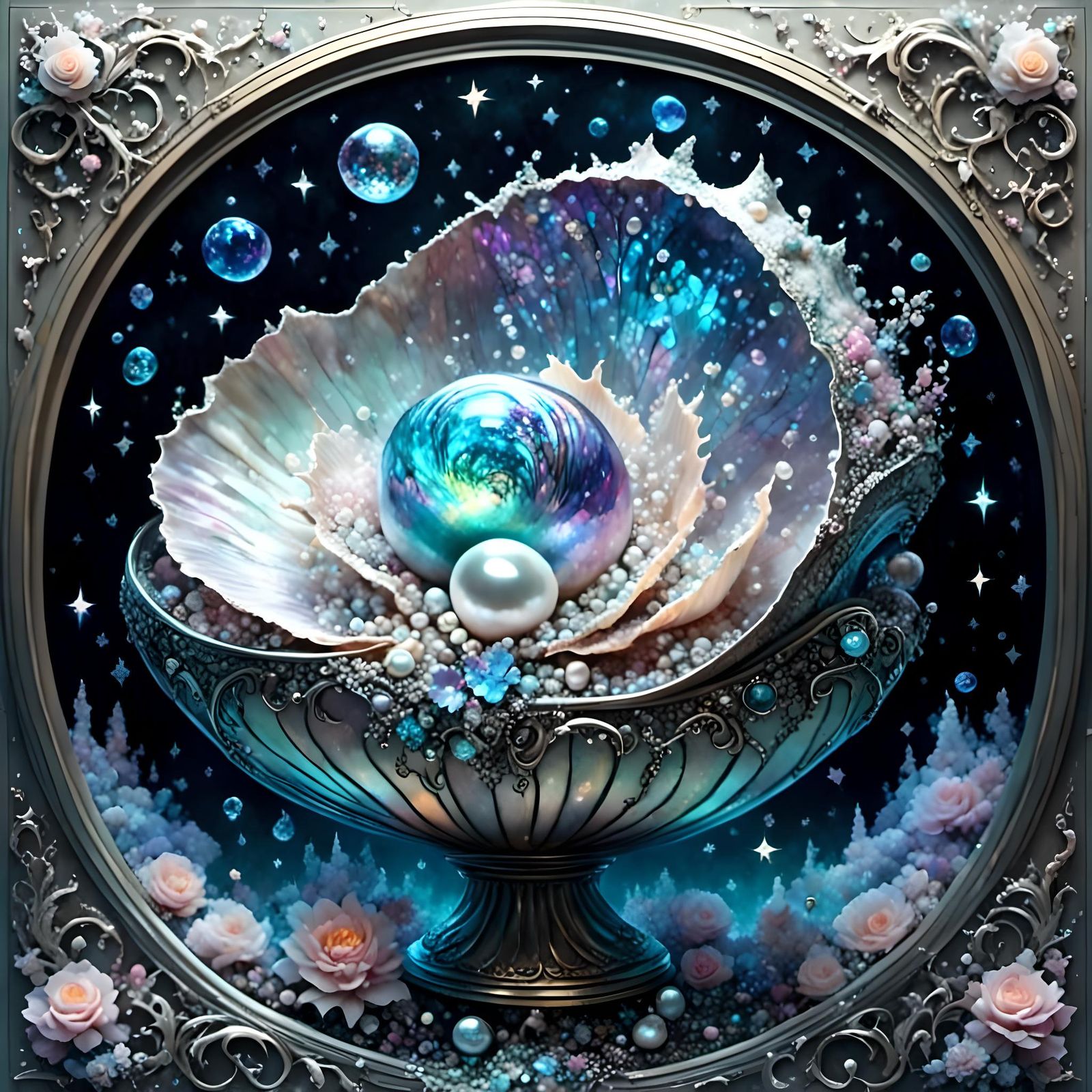 Pearls in Crystal Vase Seascape, Dreamy Watercolor