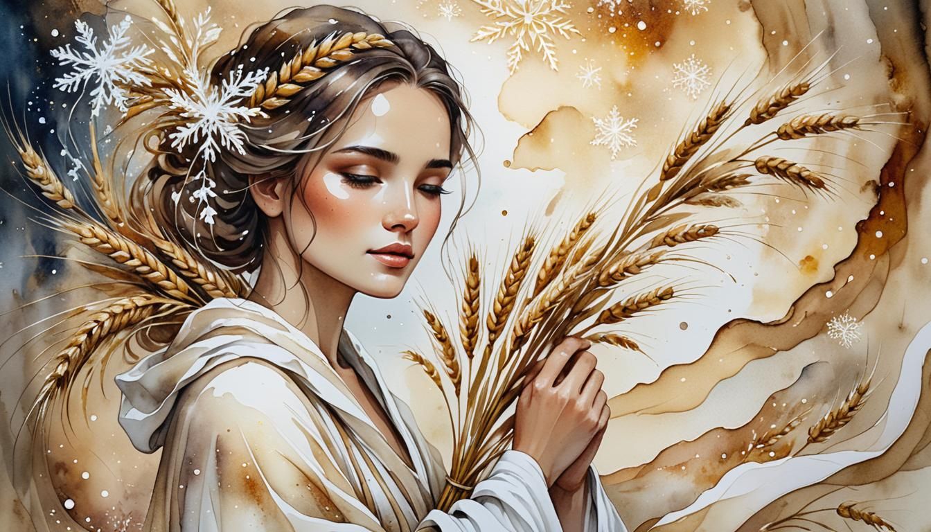 Virgo Woman in Winter Landscape, Watercolor Alcohol Ink Art