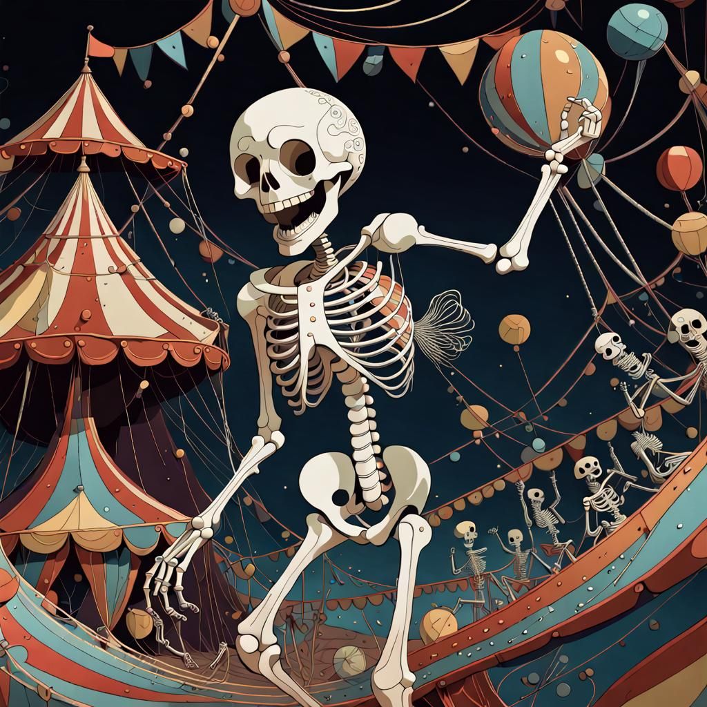 Laughing Skeleton in Whimsical Circus, 3D Render