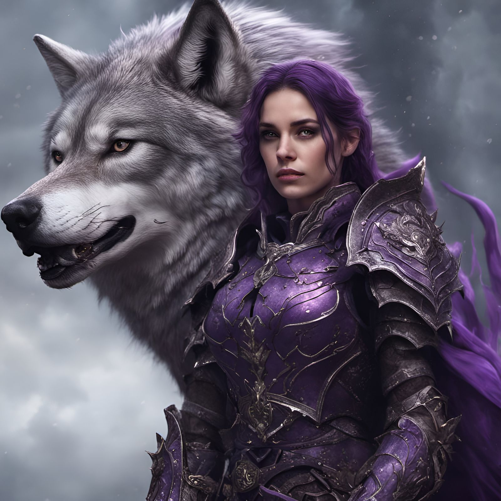 Woman in Purple Gothic Armor with Wolf