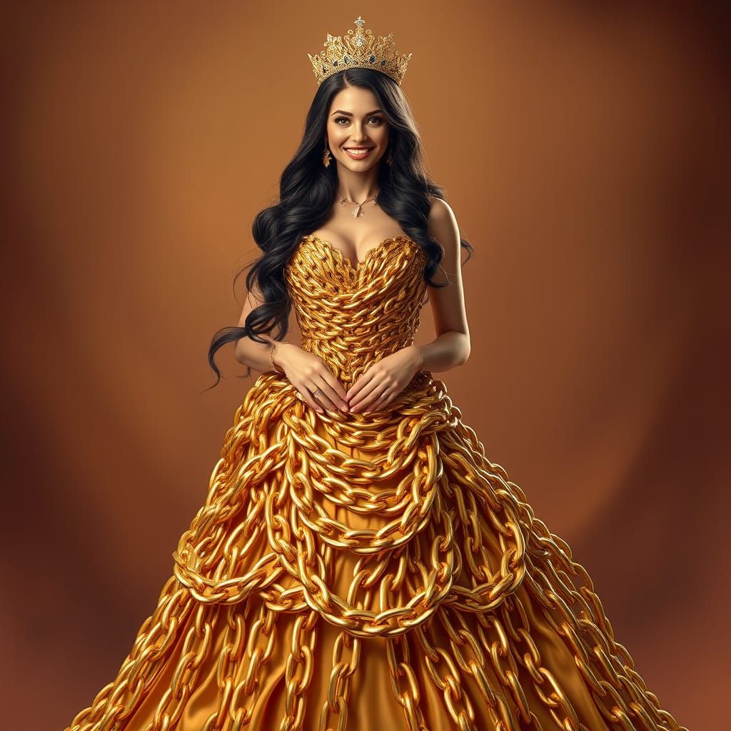 Regal Woman in Hyper-Realistic Golden Chain Gown