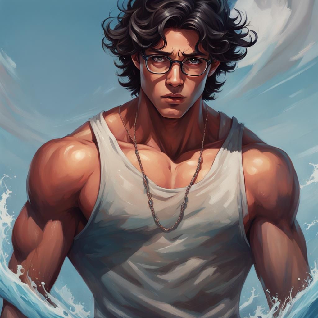 Nervous Teenager with Wavy Hair, Hyperrealistic Splash Art