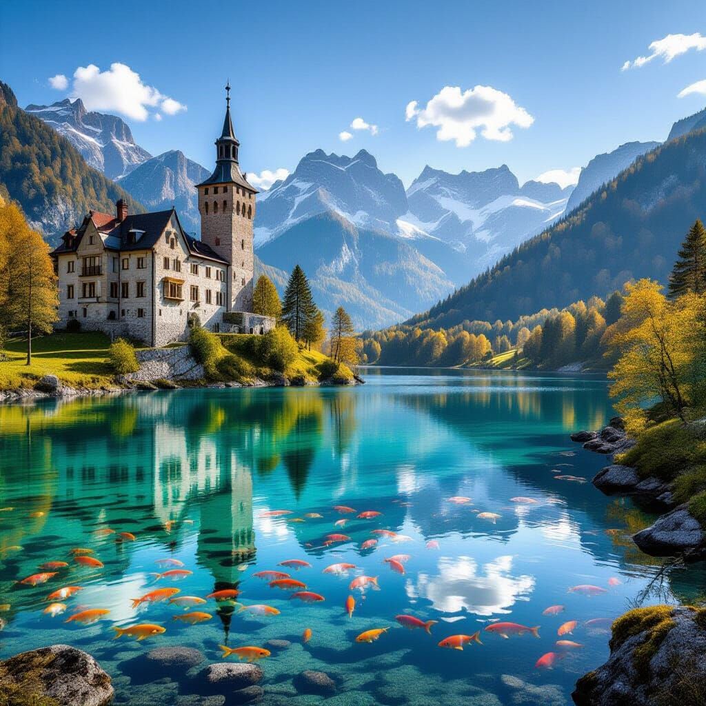 Enchanted Autumn Forest with Castle and Alpine Waterfall