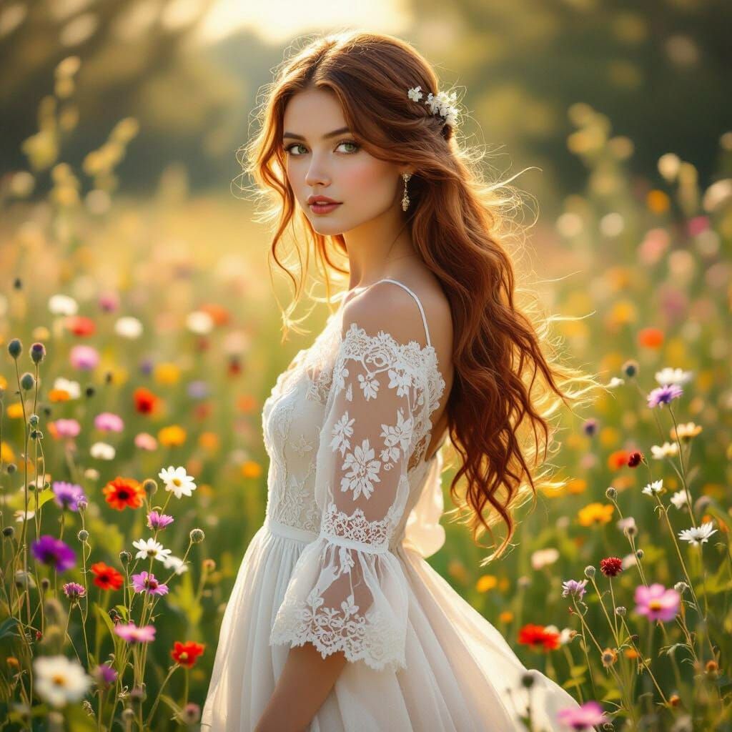 Woman in Meadow, Pre-Raphaelite Style