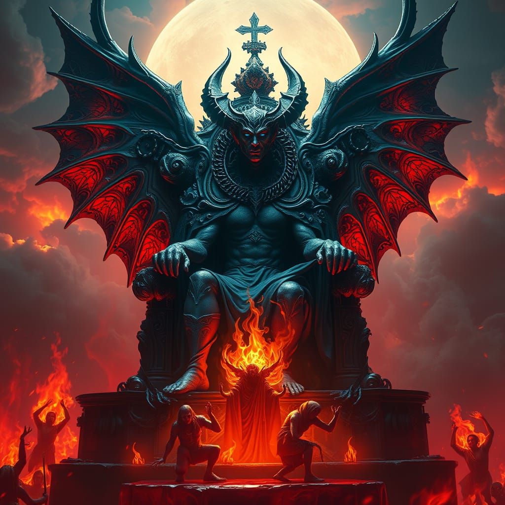Lucifer on Throne Welcoming Fallen Souls in Dark, Gothic Sty...