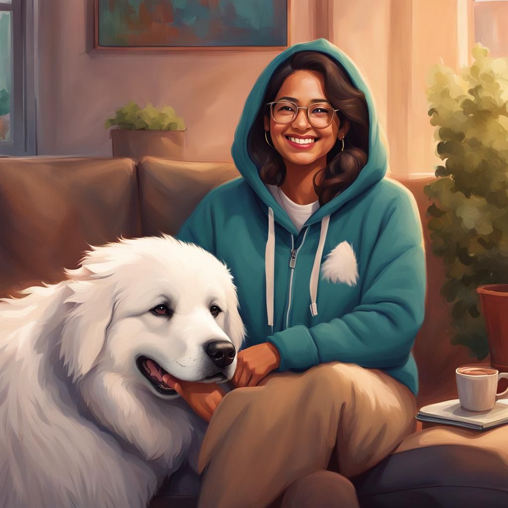 Cozy Digital Painting of Woman with Great Pyrenees