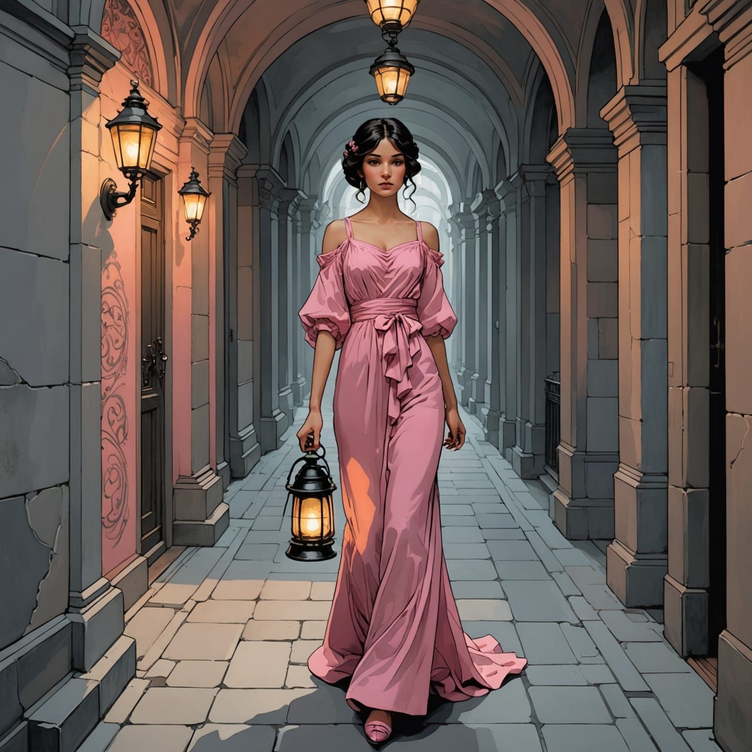 Woman with Lantern in Art Nouveau Style