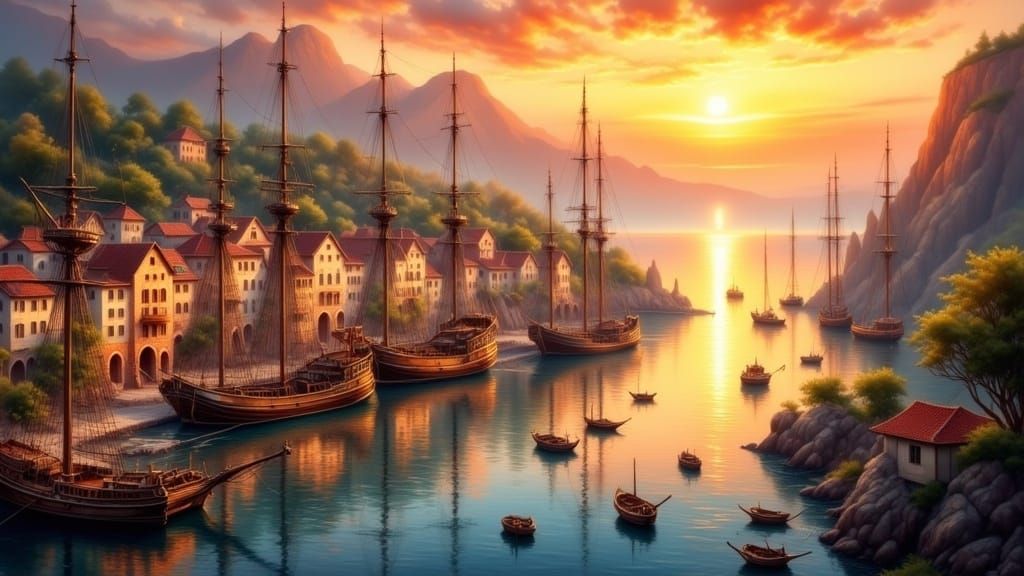 Fantasy Harbour Scene in Warm Watercolor Light