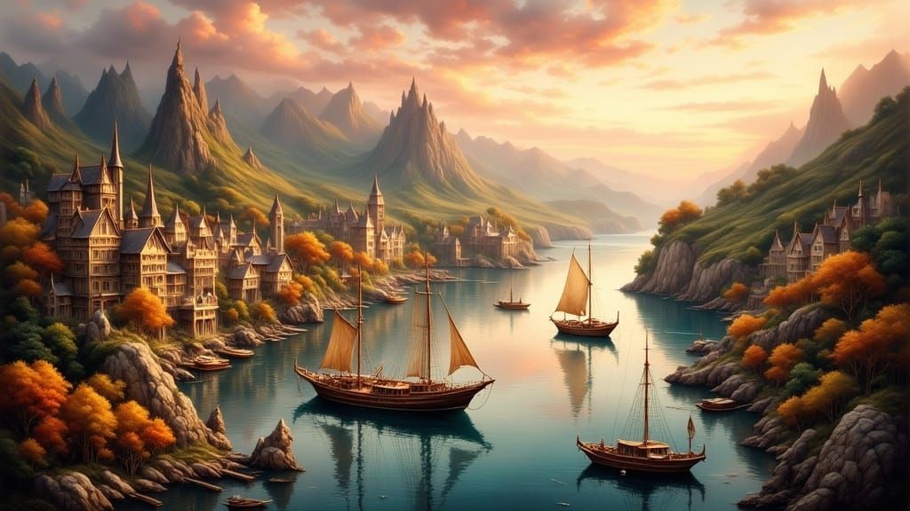 Mystical Harbour with Sailing Vessels at Sunset