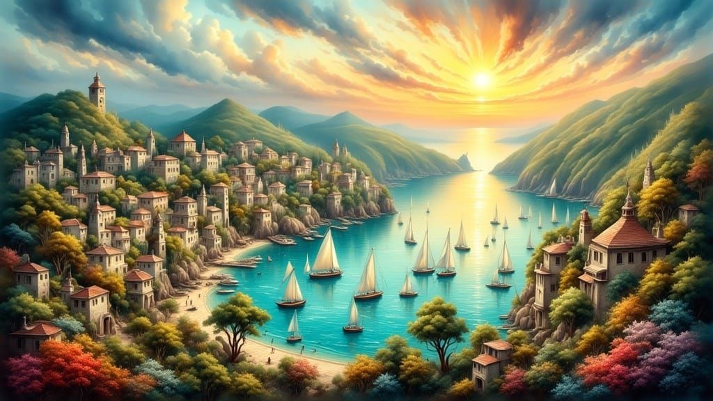 Fantasy Harbour with Sailing Vessels in Watercolour Style