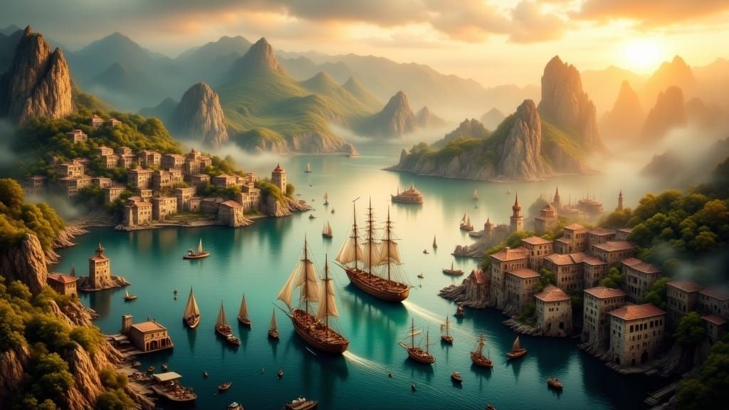 Majestic Harbor with Sailing Vessels at Sunset