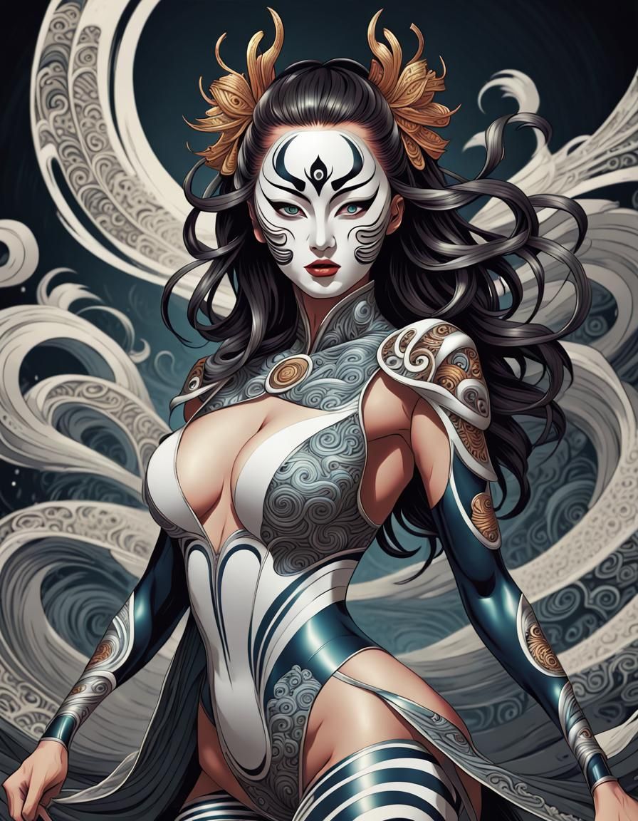 Kabuki Masked Woman with Tonfa, Comic Book Art