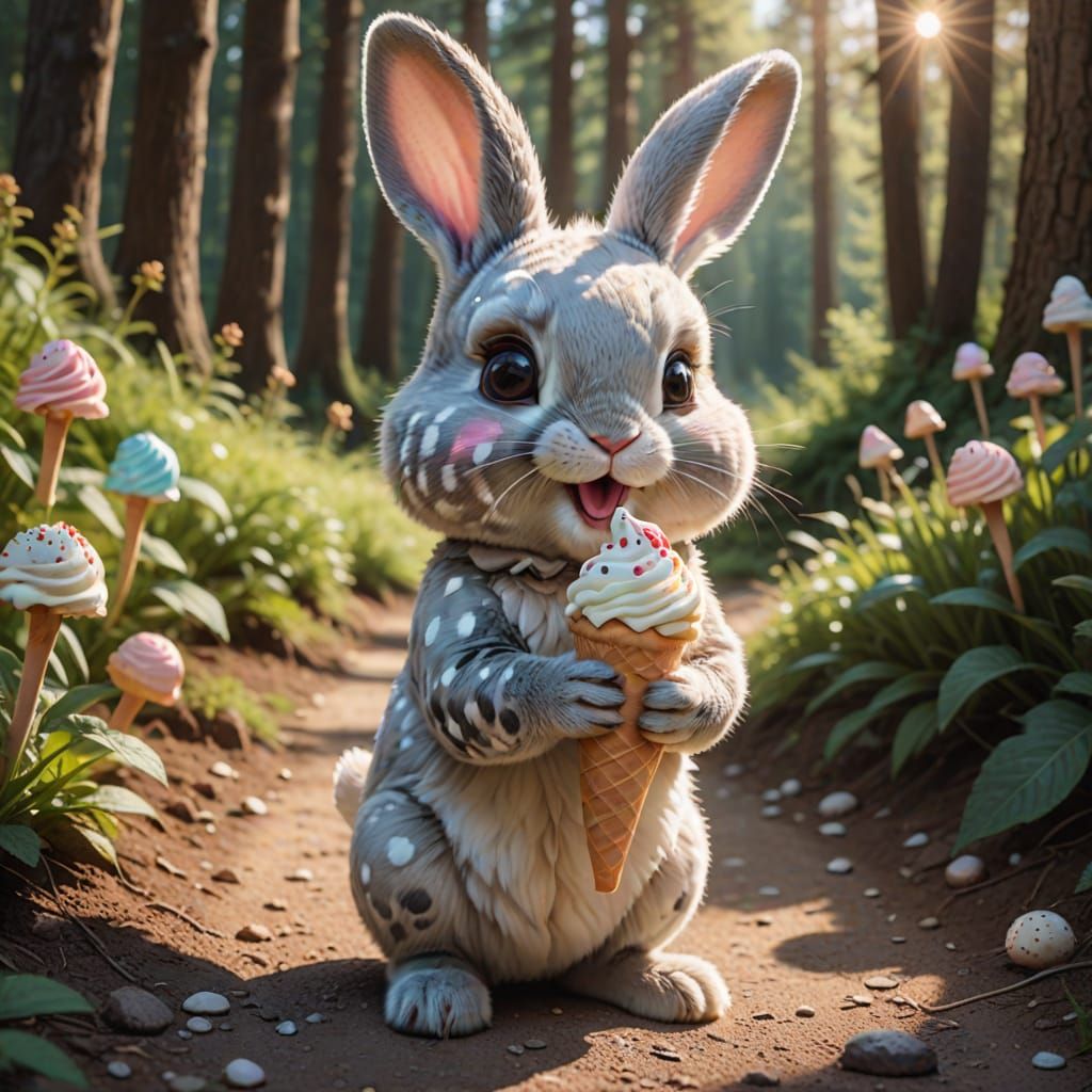 Polka Dot Rabbit Licking Ice Cream: Kawaii Art