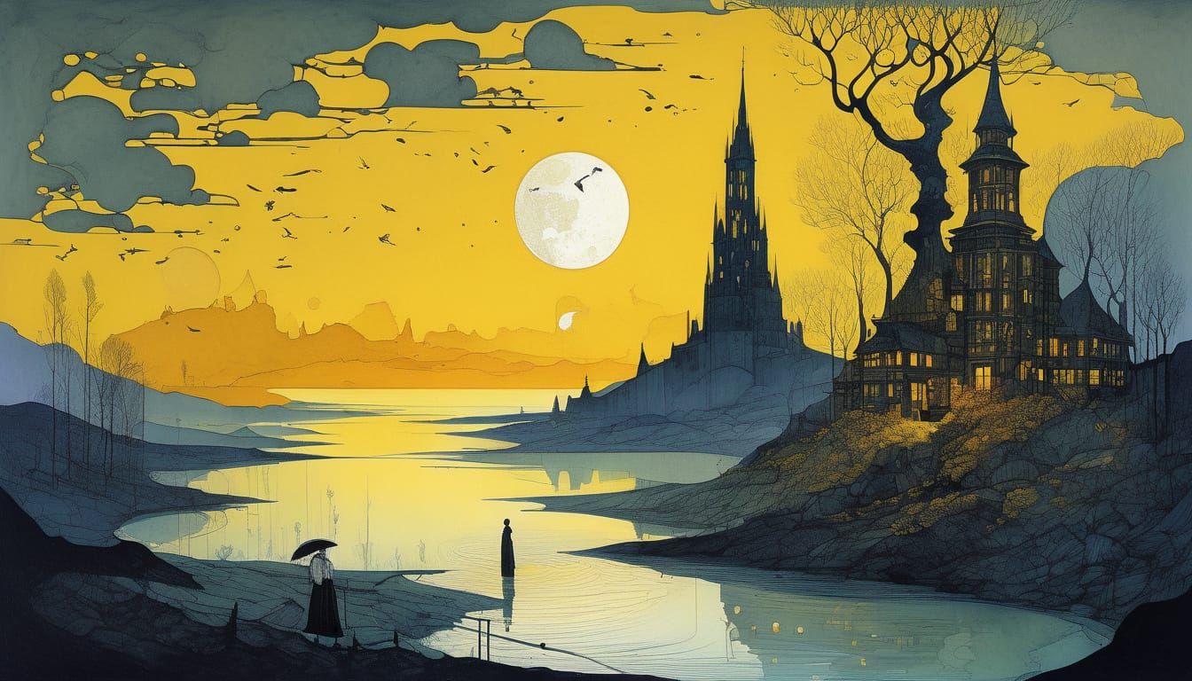 Dark and Mysterious Spring Landscape in Intricate Watercolou...