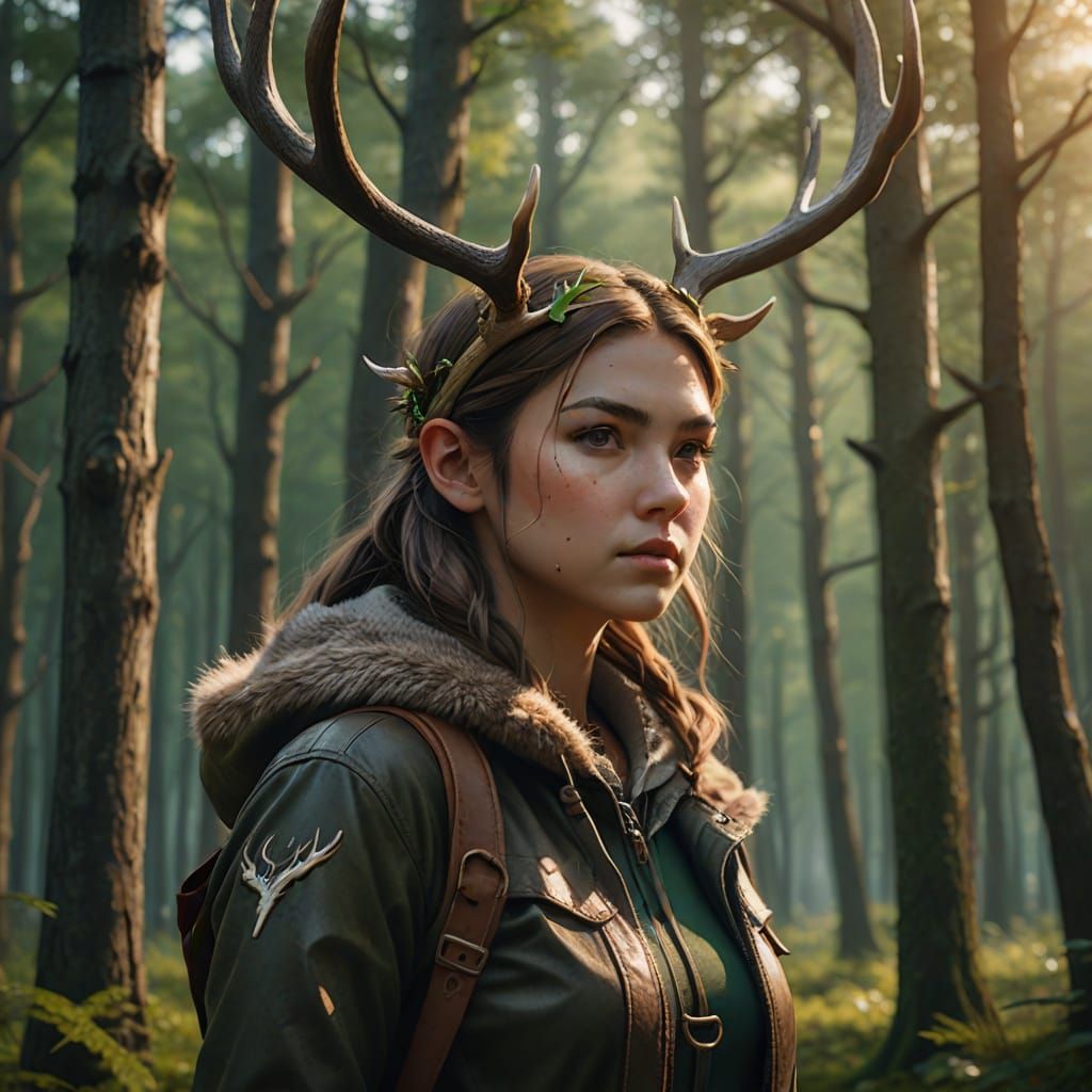 Woman with Antlers Aims Bow in Forest