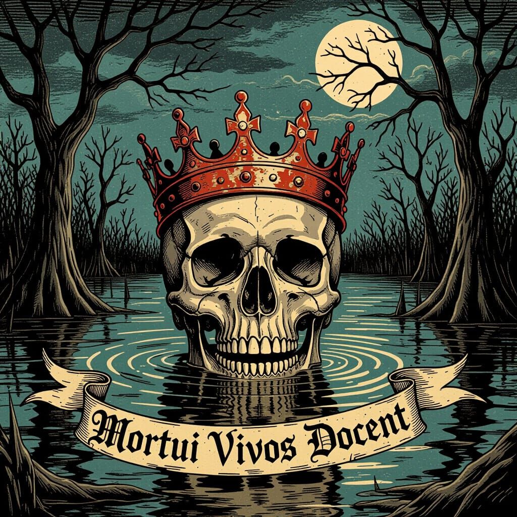 Haunted Skull in Swamp with Gothic Banner