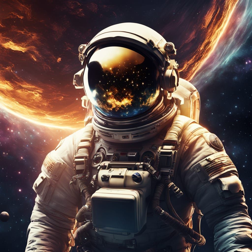 Astronaut in Vibrant Space: Glowing Nebula and Starry Helmet