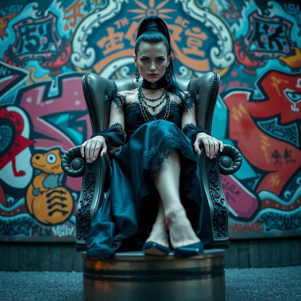 Gothic Woman in Hyperrealistic Japanese Graffiti Scene