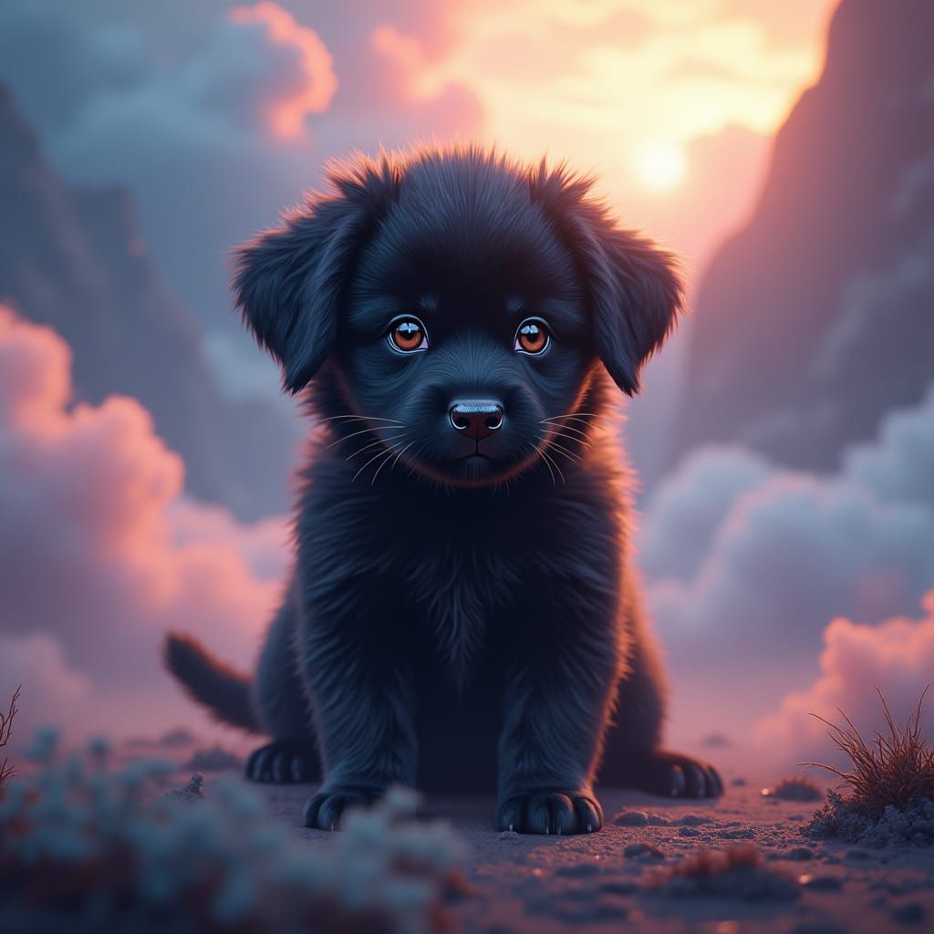 Fluffy Black Puppy in Dreamlike Fantasy Realm