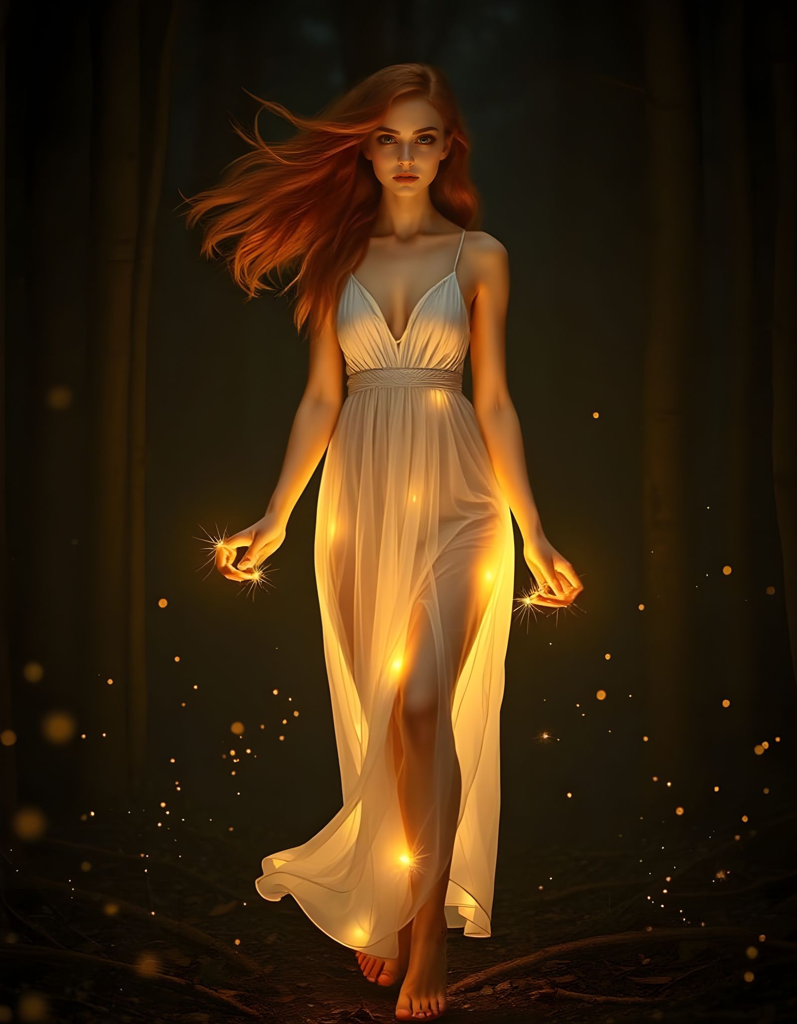 Mystical Woman Illuminates Dark Forest in Realistic Art