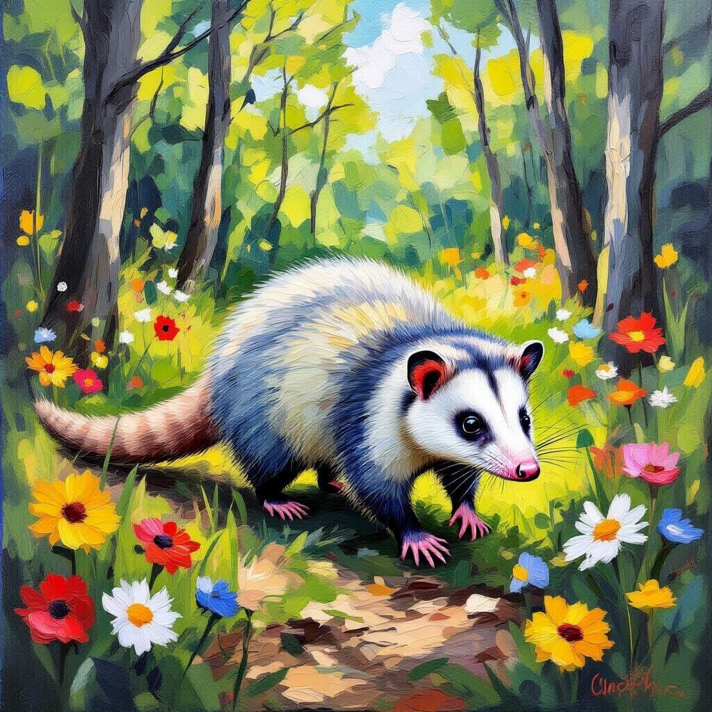 Opossum in Woodlands: Neo-Impressionist Acrylic Painting