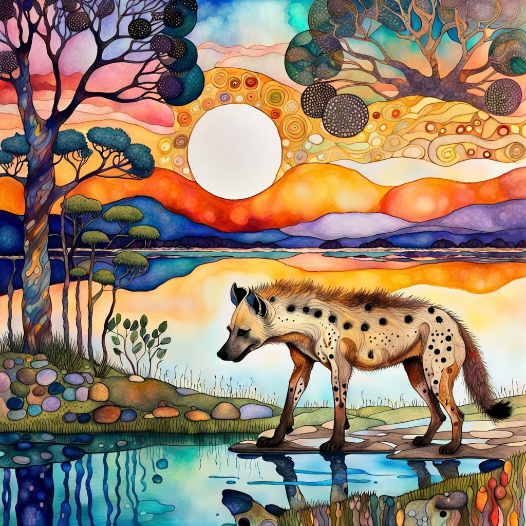 Klimt DRAWING, sunrise, hyena, DRINKING at lake, ALCOHOL INKS 🌈🌳🪷🪬, in the style of Indi Dennis , dreamcode Allure m...