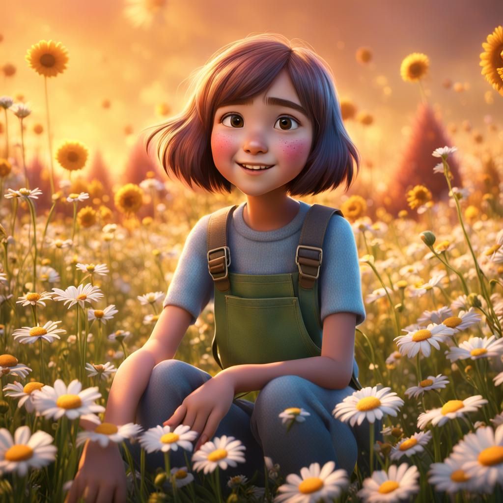 Girl in Daisy Field: Pixar-Style 3D Render