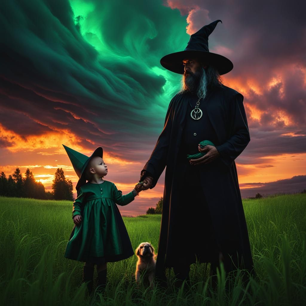 Mysterious Witch Daddy and Child Under Stormy Sunset