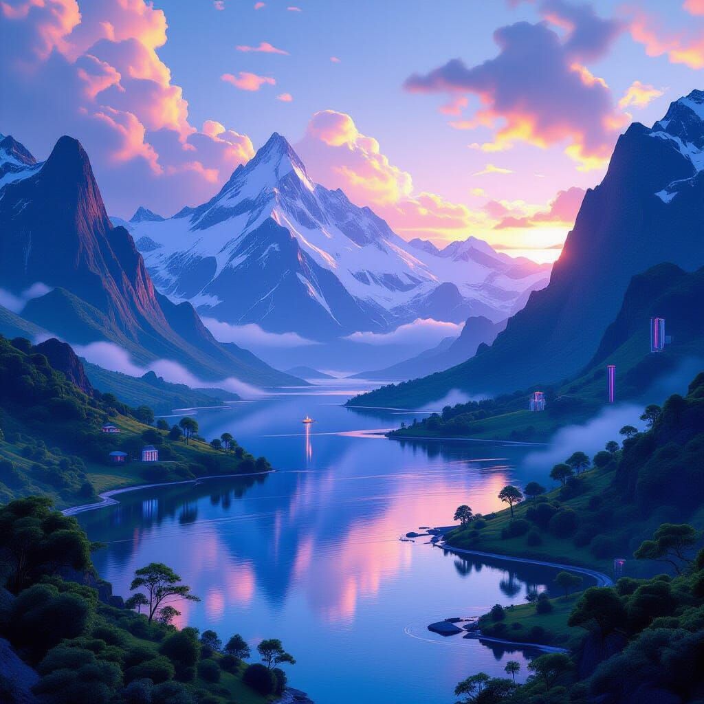 Futuristic Landscape with Lush Greenery and Mountains