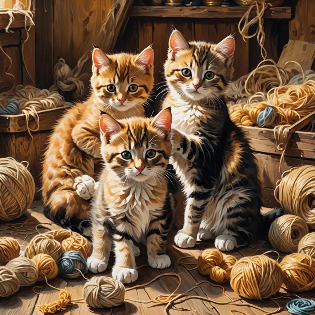 Kittens Playing in Attic: Impressionist Oil Painting