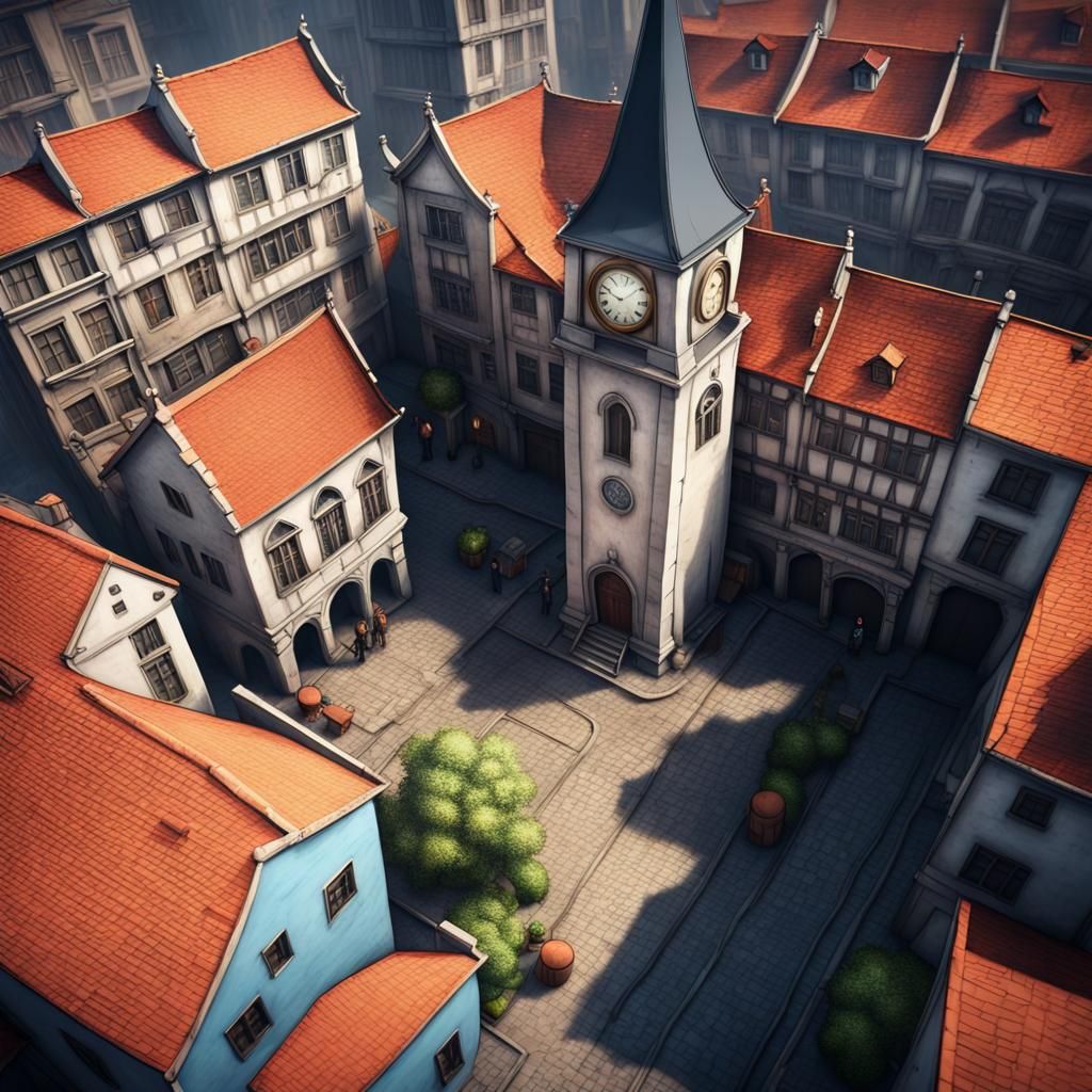 Old Street With Clock Tower, Detailed Matte Painting