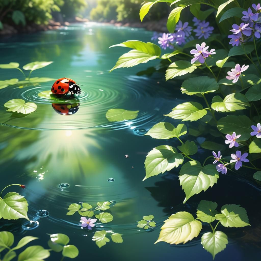 Ladybug and Butterfly by River: Hyper-Realistic Digital Art