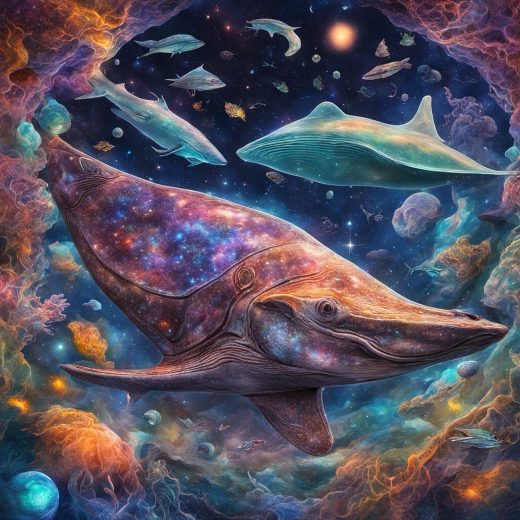 Surreal Galaxy with Sea Creatures and Animals