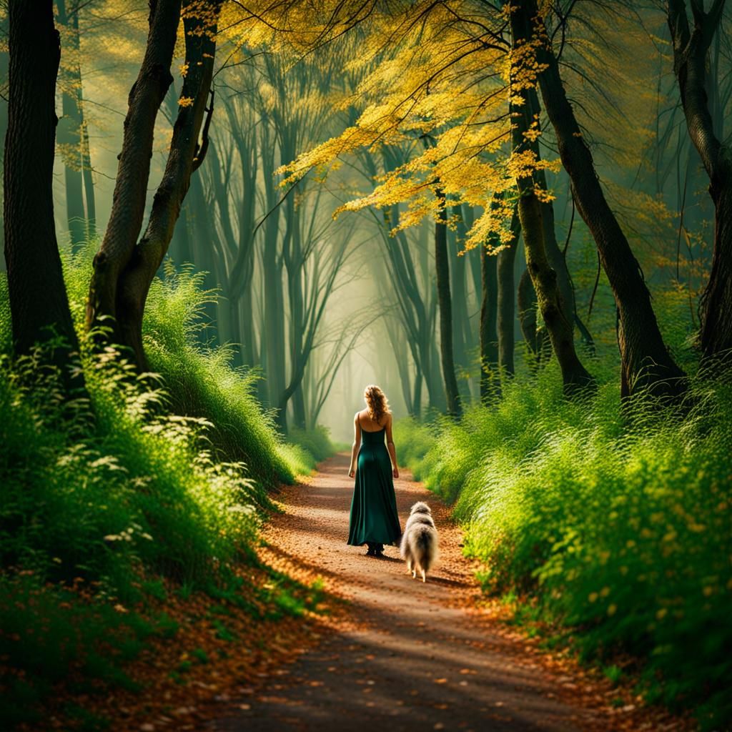 Woman and Dog Walking on Forest Path