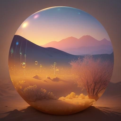 Dreamlike Desert Landscape with Bubbles, Dali Style