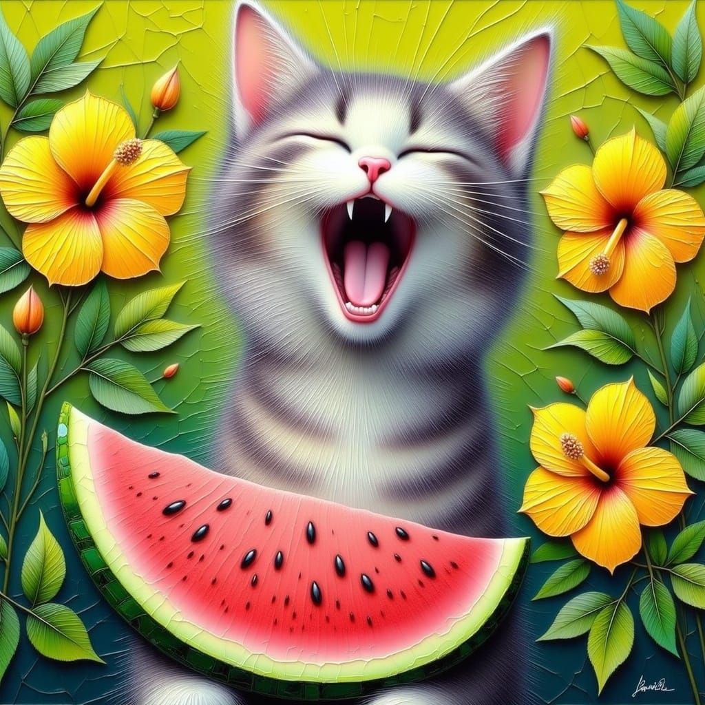 Playful Cat Amidst Vibrant Greenery in Whimsical Impasto Sty...