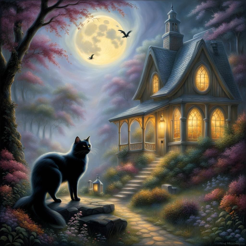 Wicca Witch with Black Cat Under Full Moon