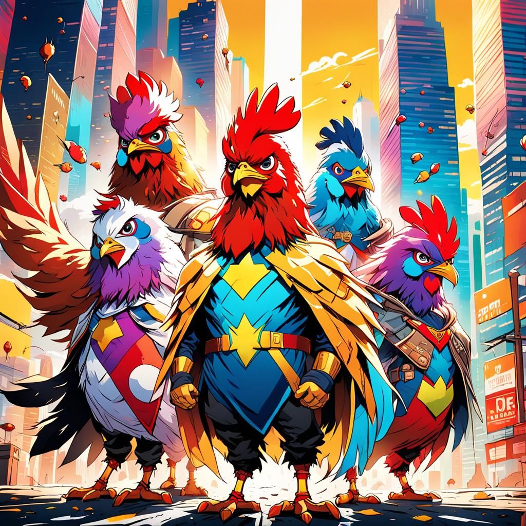Chicken Superhero Team in Anime-Style Cityscape
