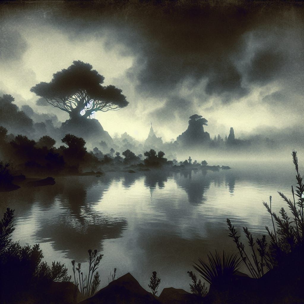 Mystical Avalon Landscape in Ink Painting Style